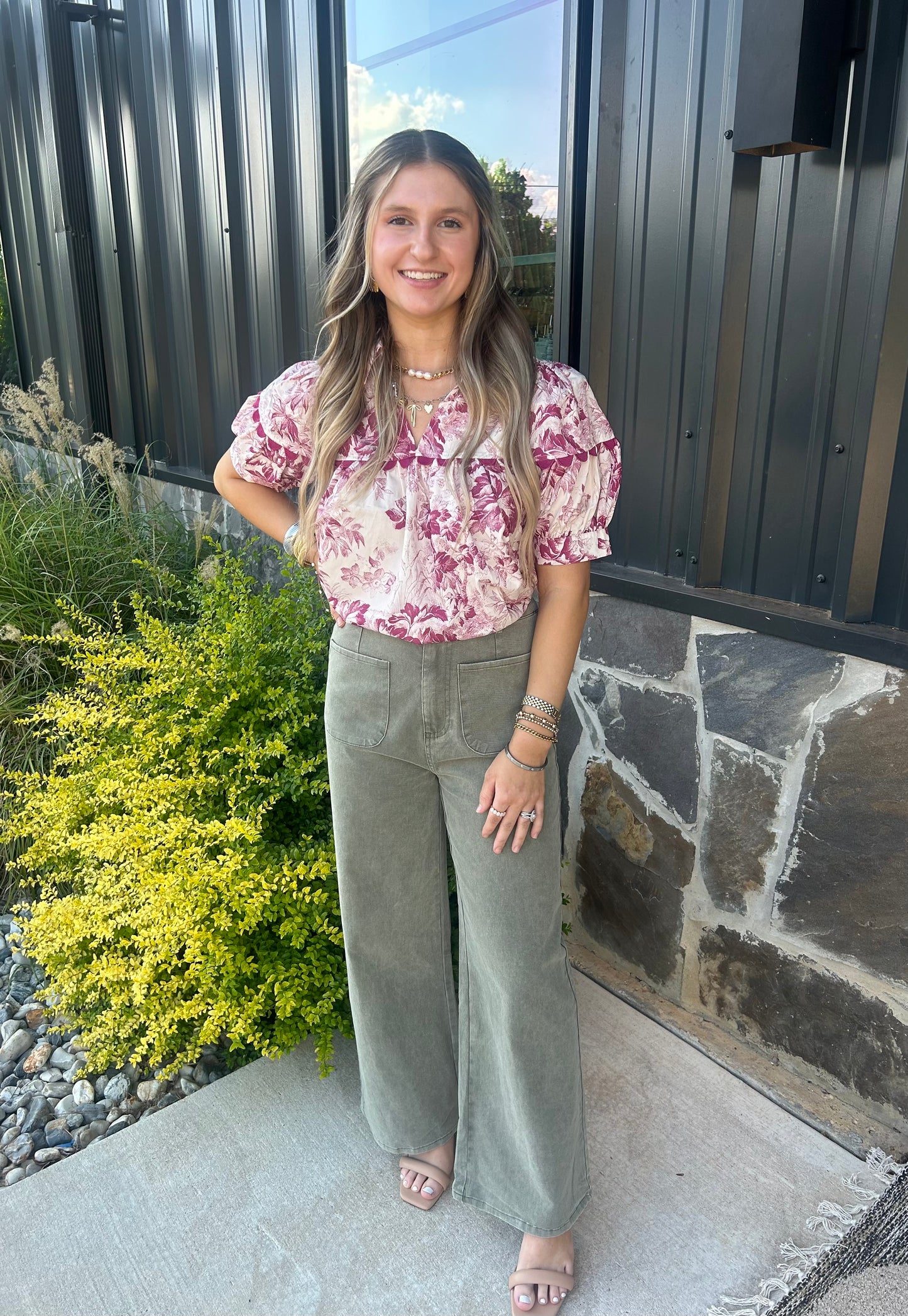 Merlot Floral Puff Sleeve Blouse