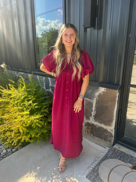 Burgundy Bubble Sleeve Midi Dress