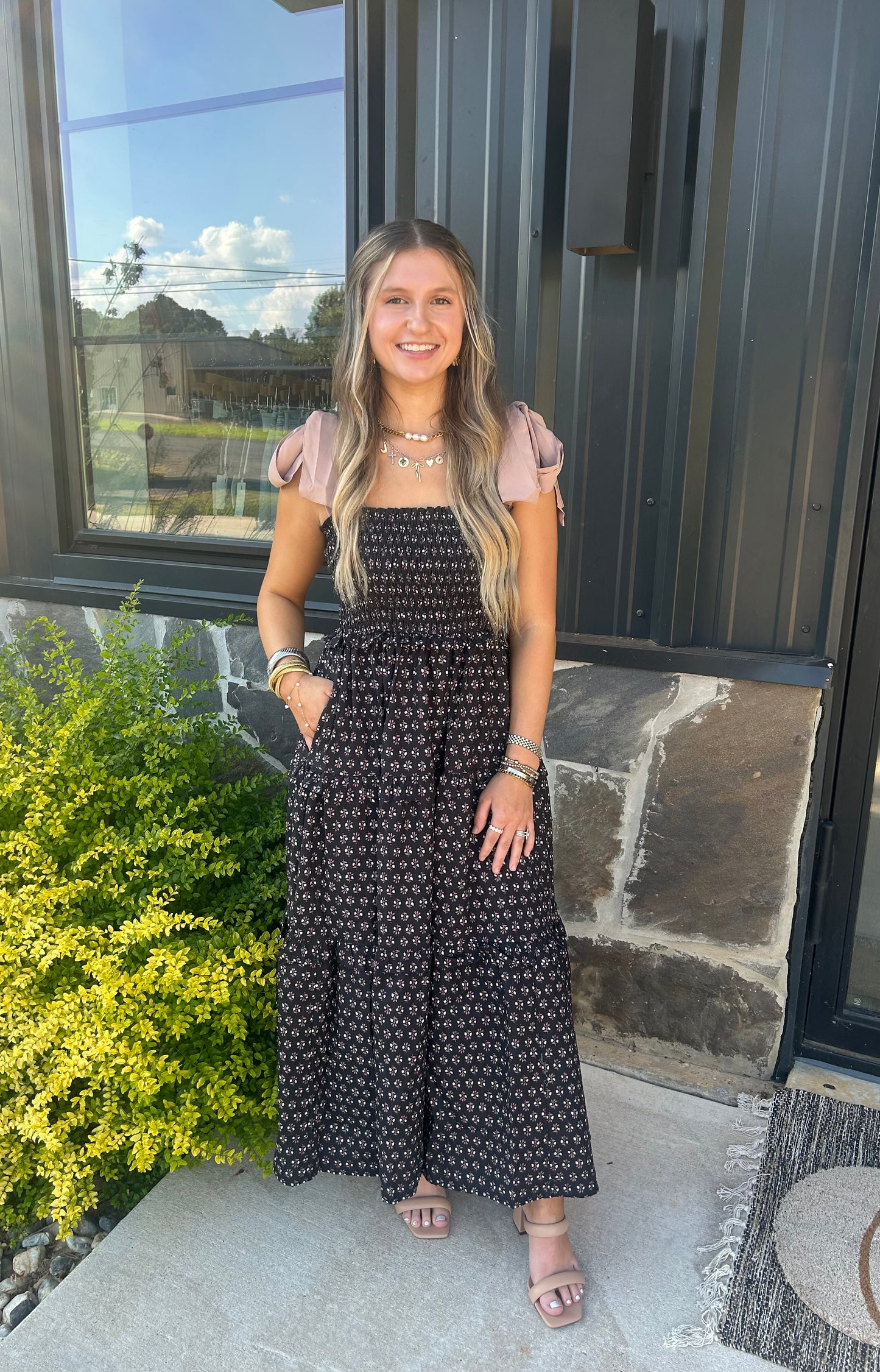 Black Floral Print Midi Dress With Pink Shoulder Ties