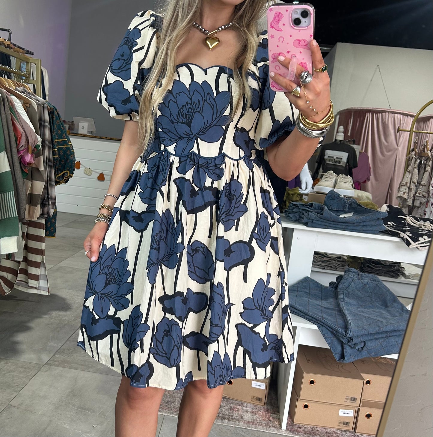 Navy Floral Puff Sleeve Short Dress