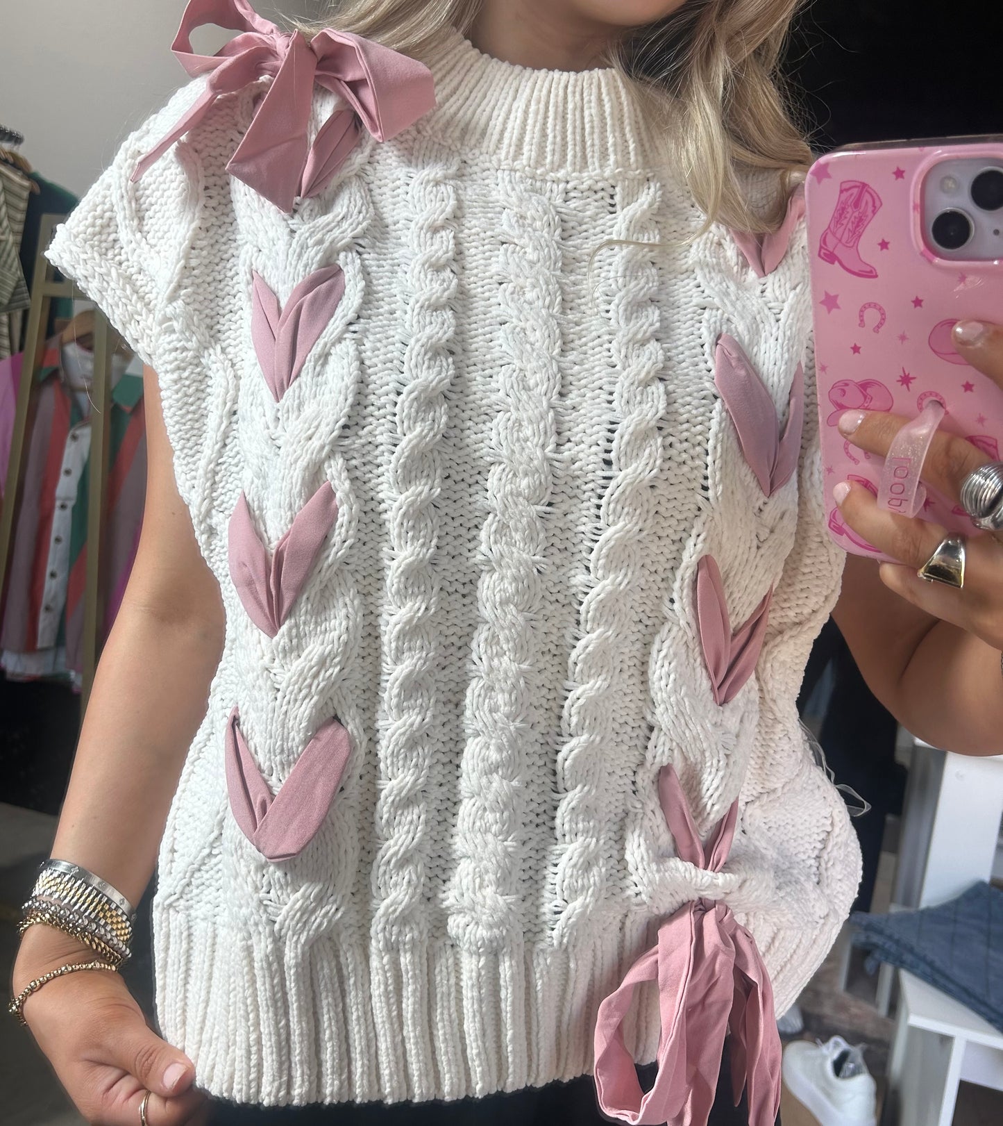 Cream Knit Sweater With Pink Ribbon Detail