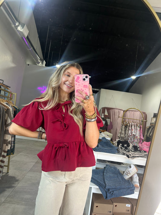 Burgundy Blouse with Bows & Puff Sleeves