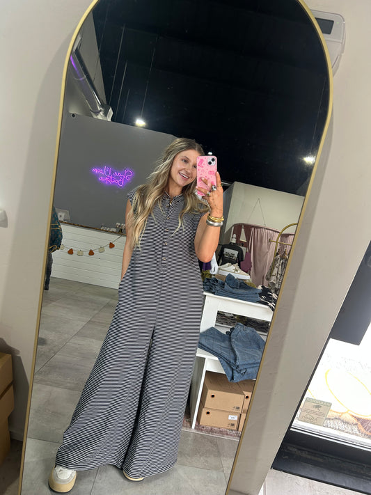 Black Striped Wide Leg Jumpsuit