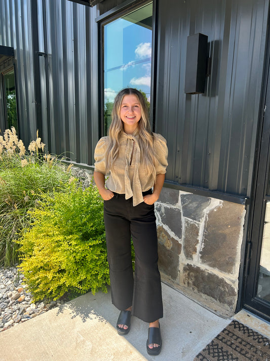 Tan Denim Blouse With Neck Tie