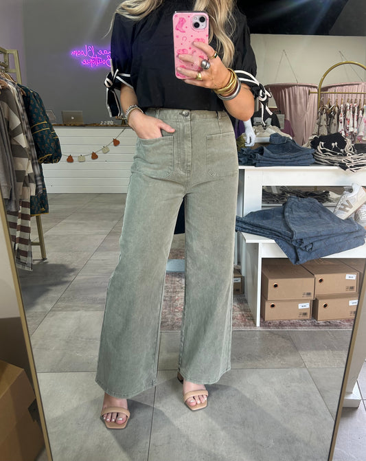 Olive Wide Leg Pants With Front Pockets