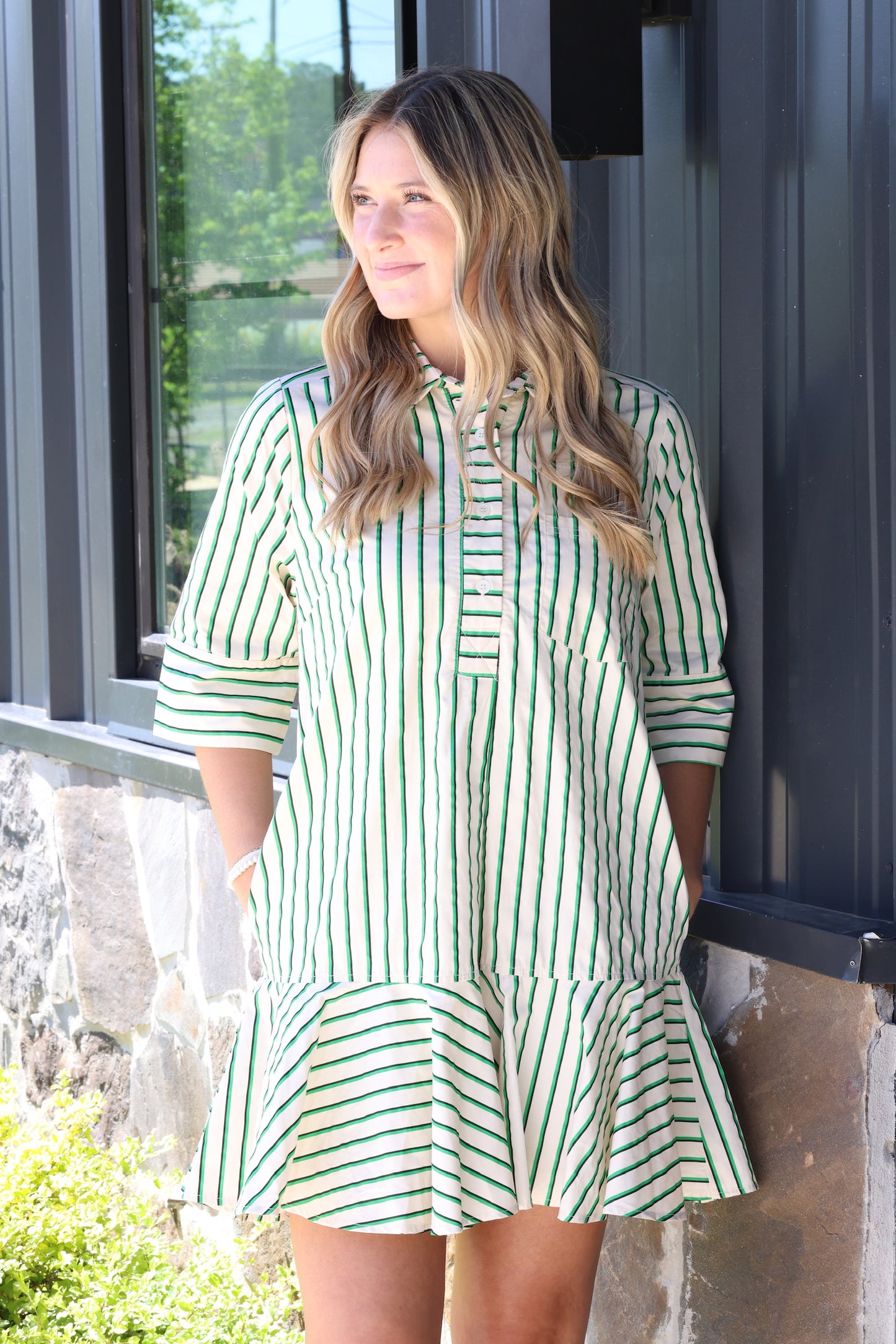 Green & Striped Short Dress