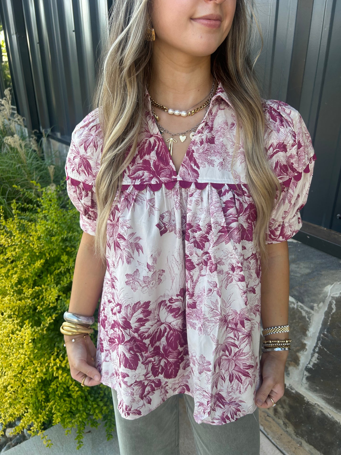 Merlot Floral Puff Sleeve Blouse