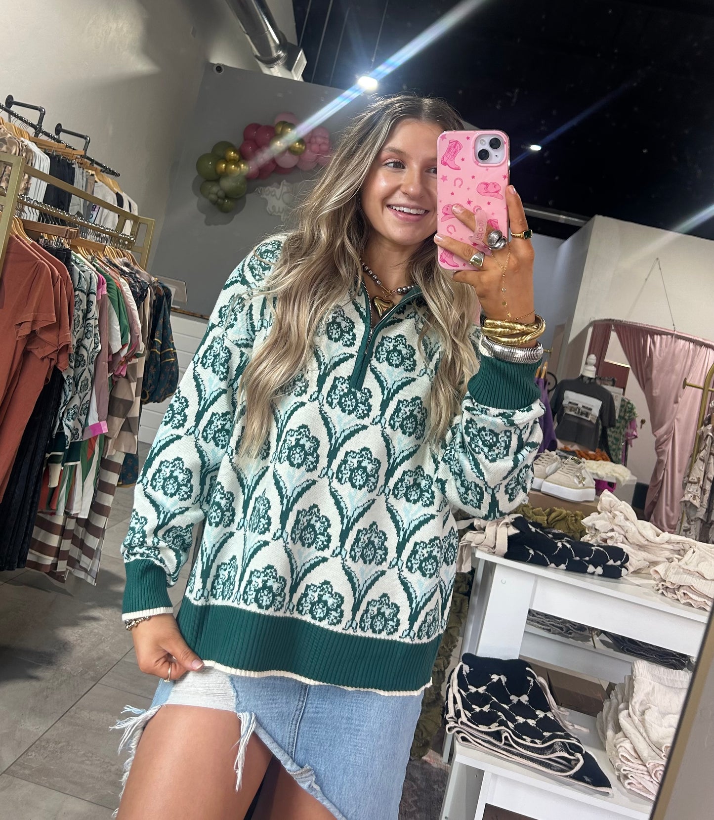 Green Patterned Half Zip Pullover