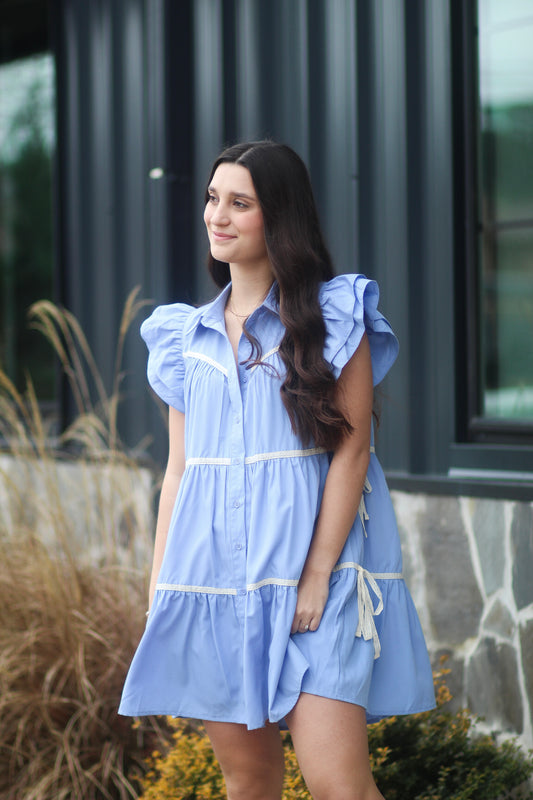 Blue Short Dress With Lace & Bow Detail