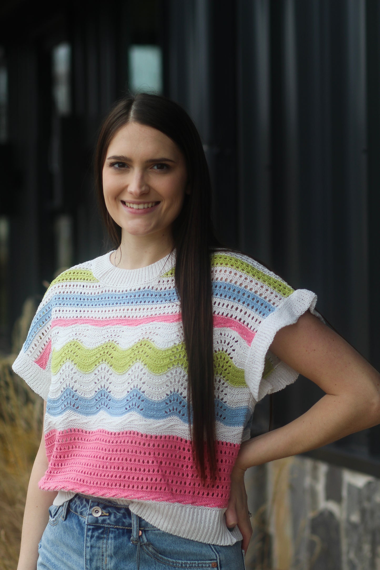 Blue/Green/Pink Stripe Crochet Top