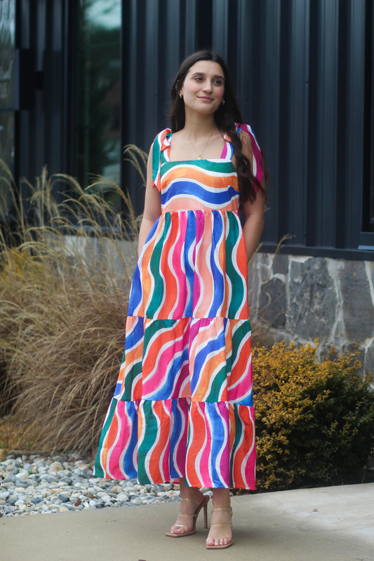 Orange Multi Wavy Design Long Dress