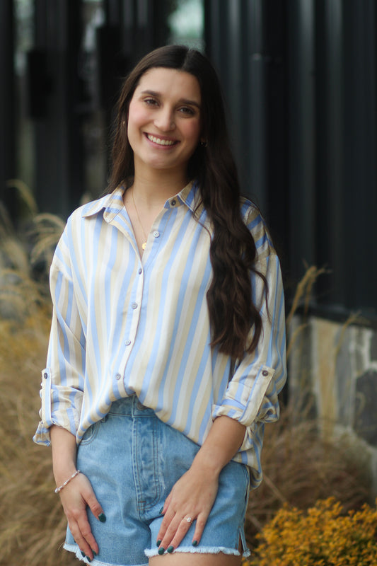 Blue/Tan Striped Button Up