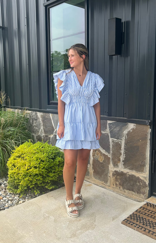 Blue Striped Ruffle Short Dress