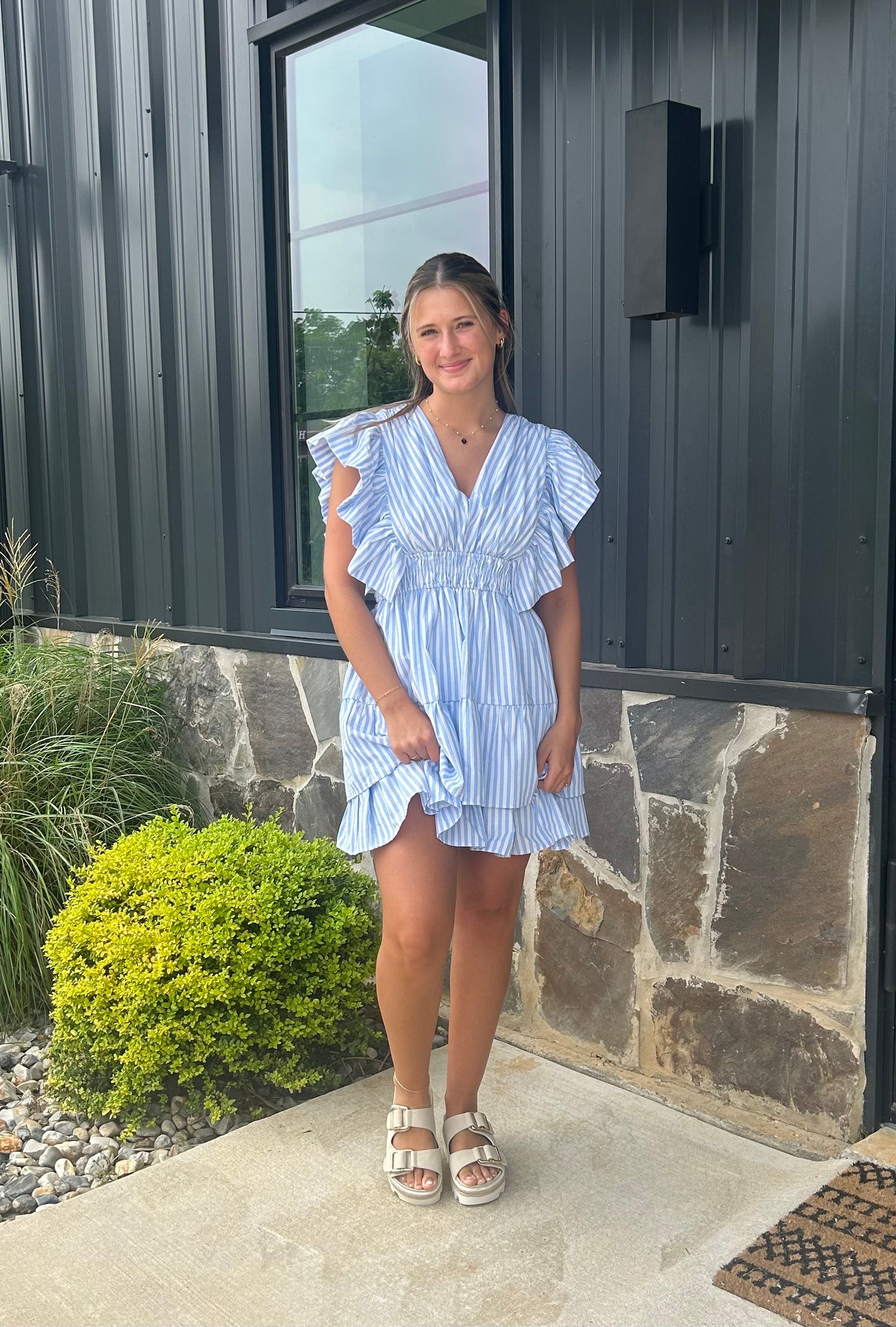 Blue Striped Ruffle Short Dress