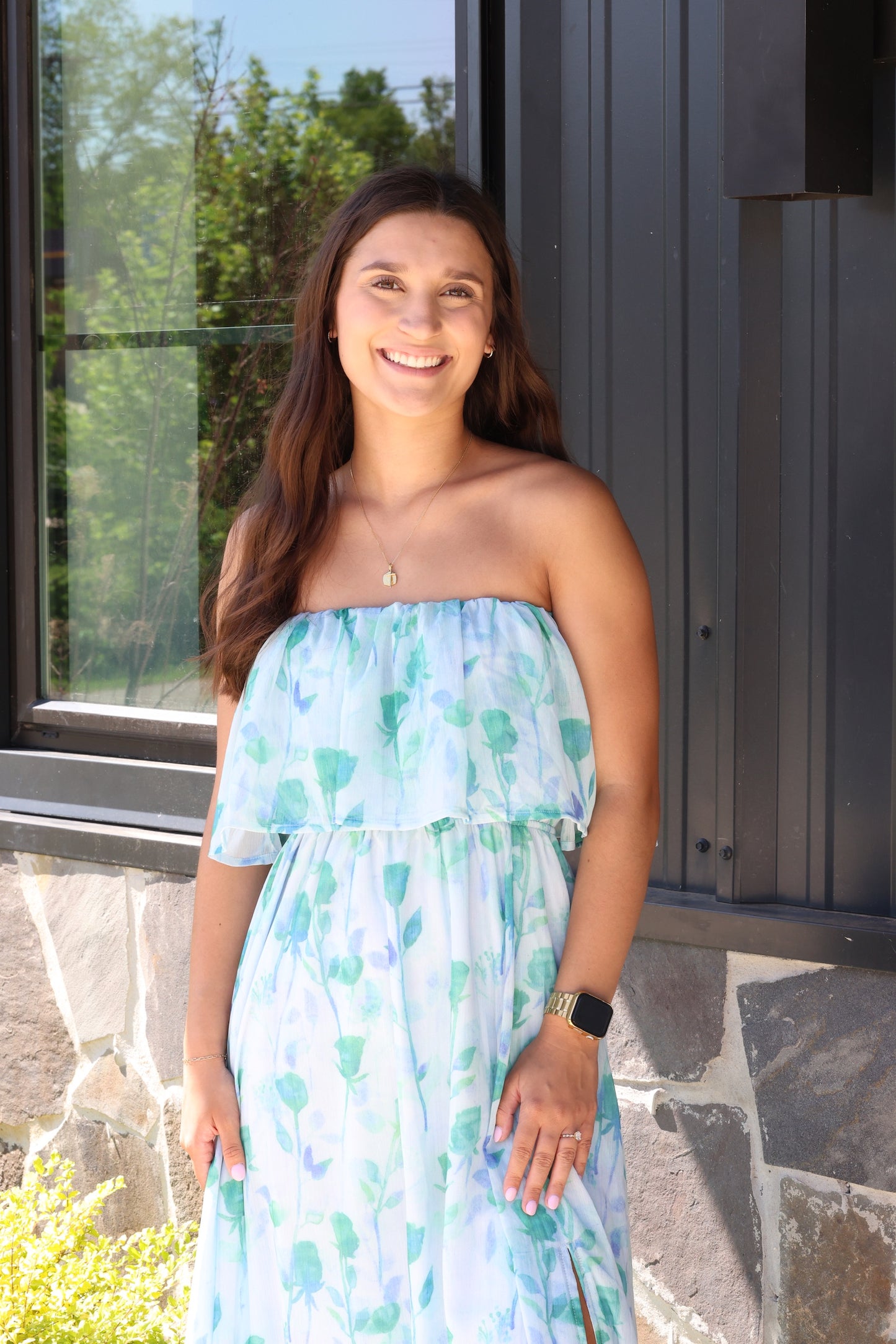 Green/Blue Floral Strapless Maxi Dresses