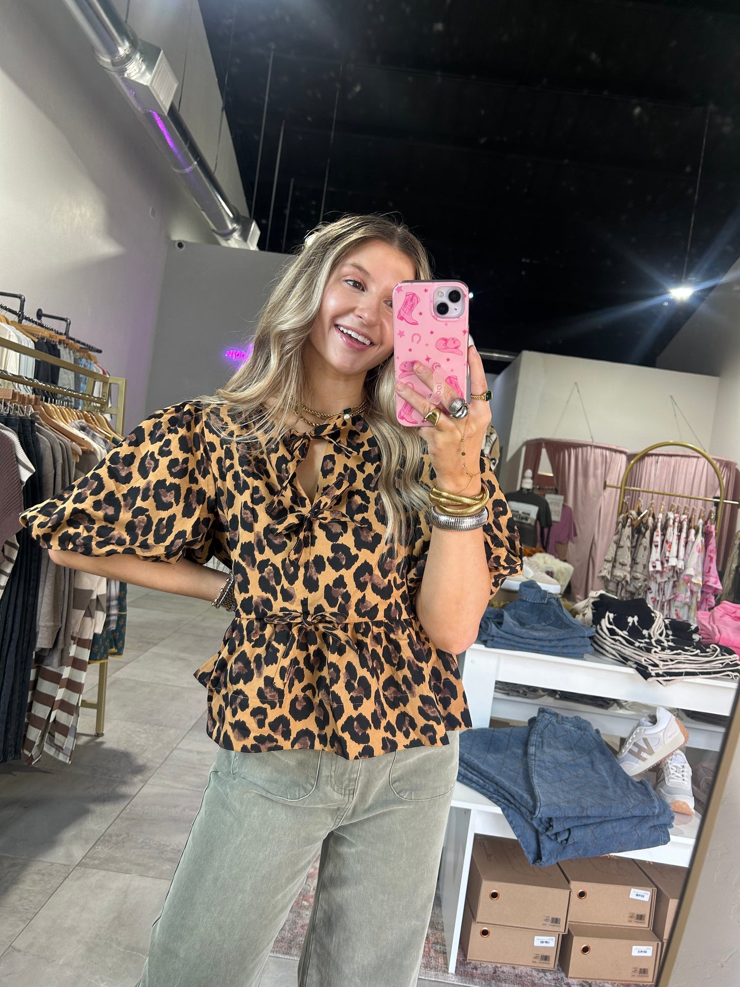 Cheetah Print Blouse with Bows & Puff Sleve