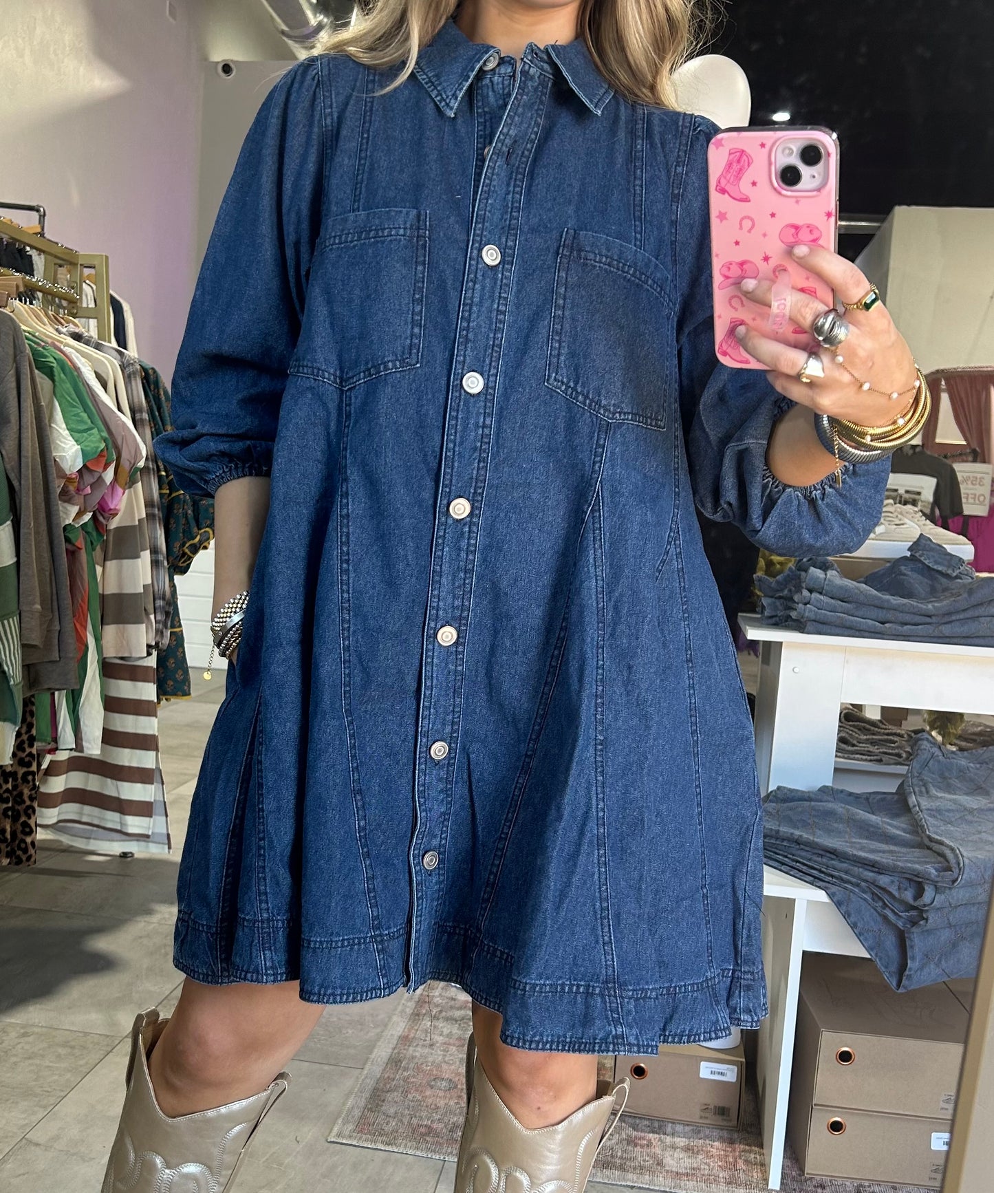 Long Sleeve Dark Denim Button Up Short Dress