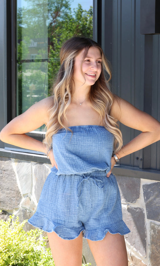 Denim Blue Strapless Romper