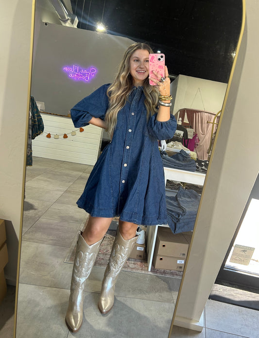 Long Sleeve Dark Denim Button Up Short Dress