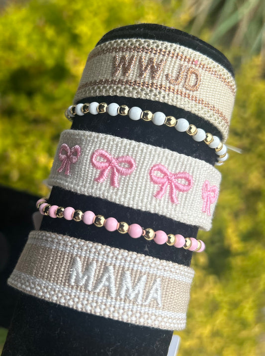 Pink Bow Embroidered Bracelet