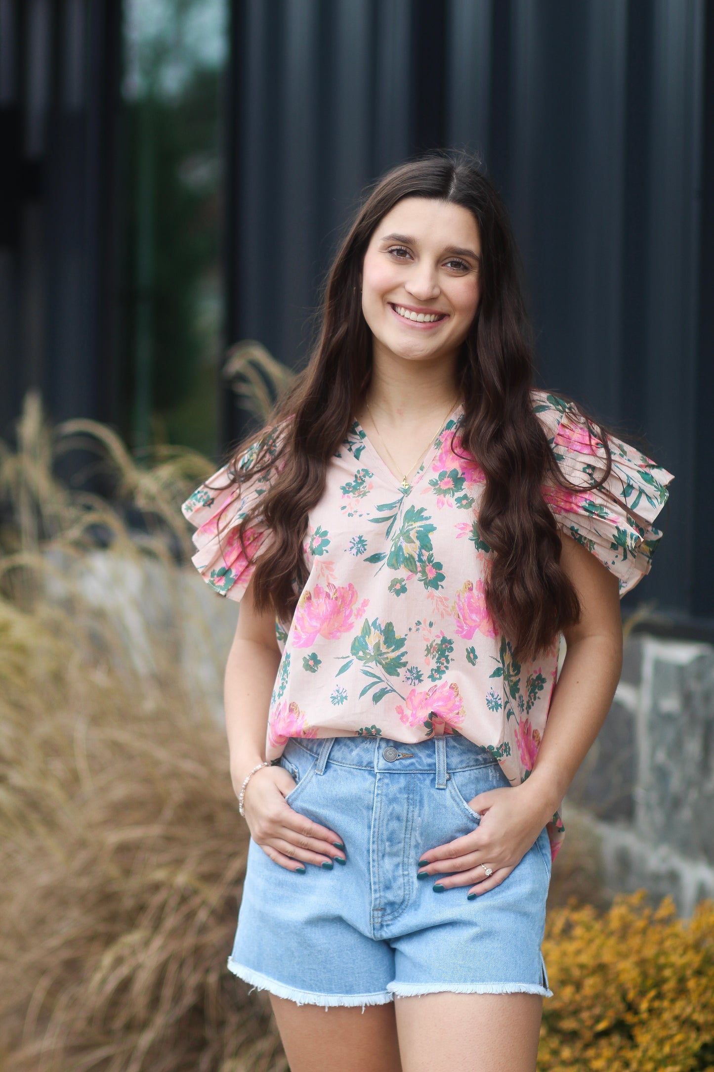 Peach Blouse With Pink/Green Flowers