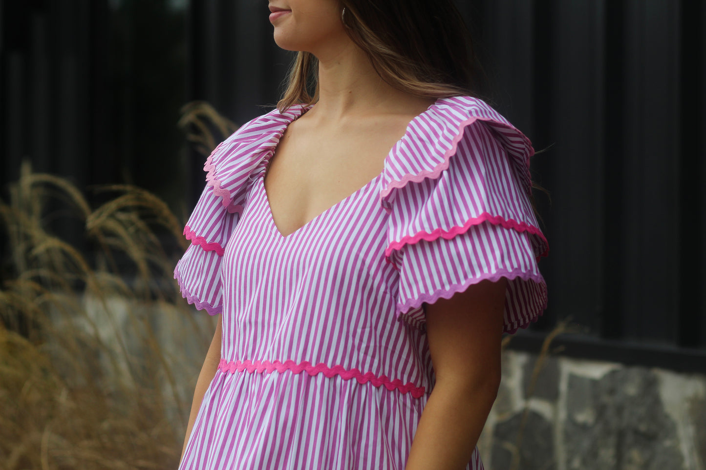 Fushia Striped Rick Raft Short Dress