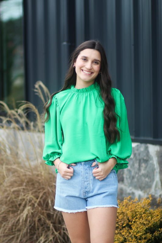 Kelly Green Blouse With Ruffle Sleeve/Neck