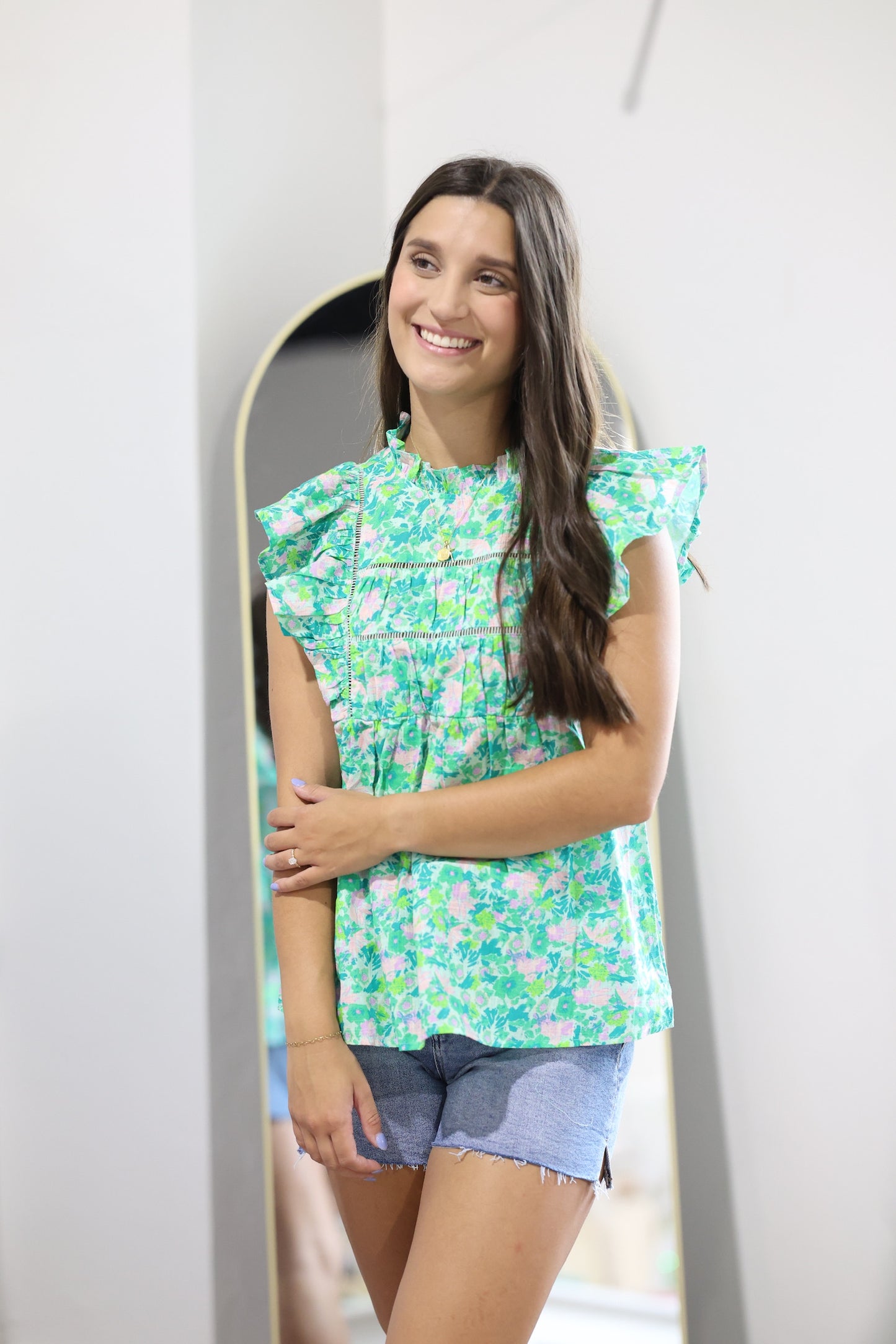 Green & Pink Floral Blouse With Ruffle Sleeve