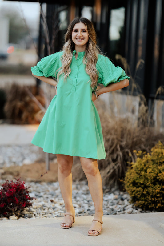 Green Pleat Sleeve Short Dress With Back Tie