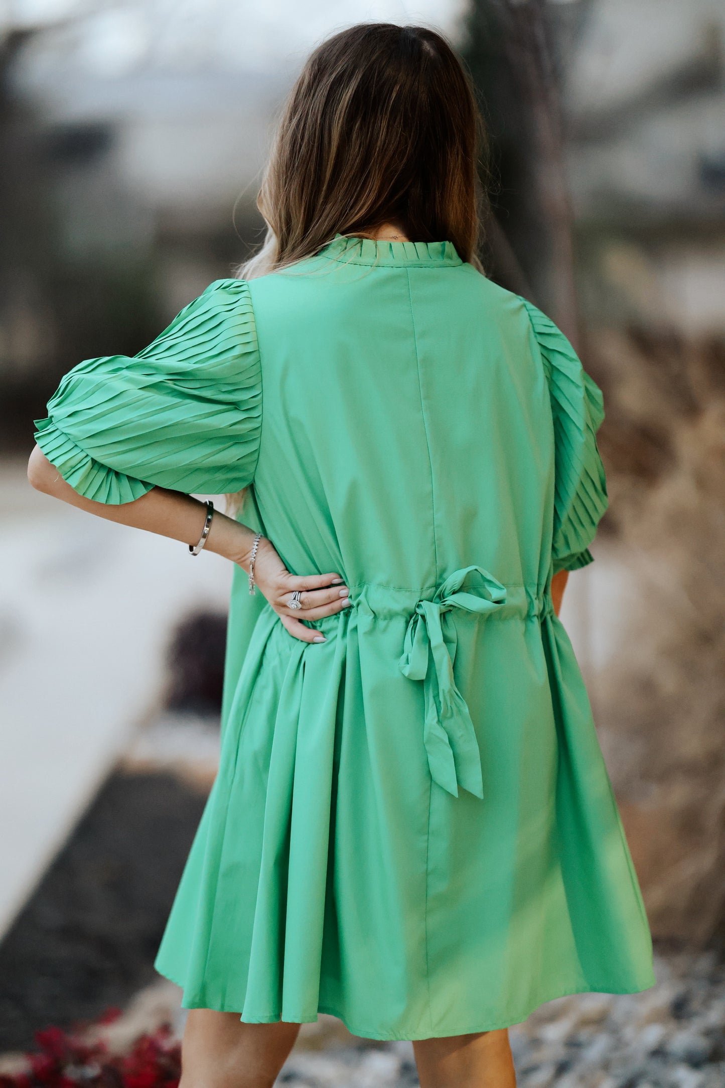 Green Pleat Sleeve Short Dress With Back Tie