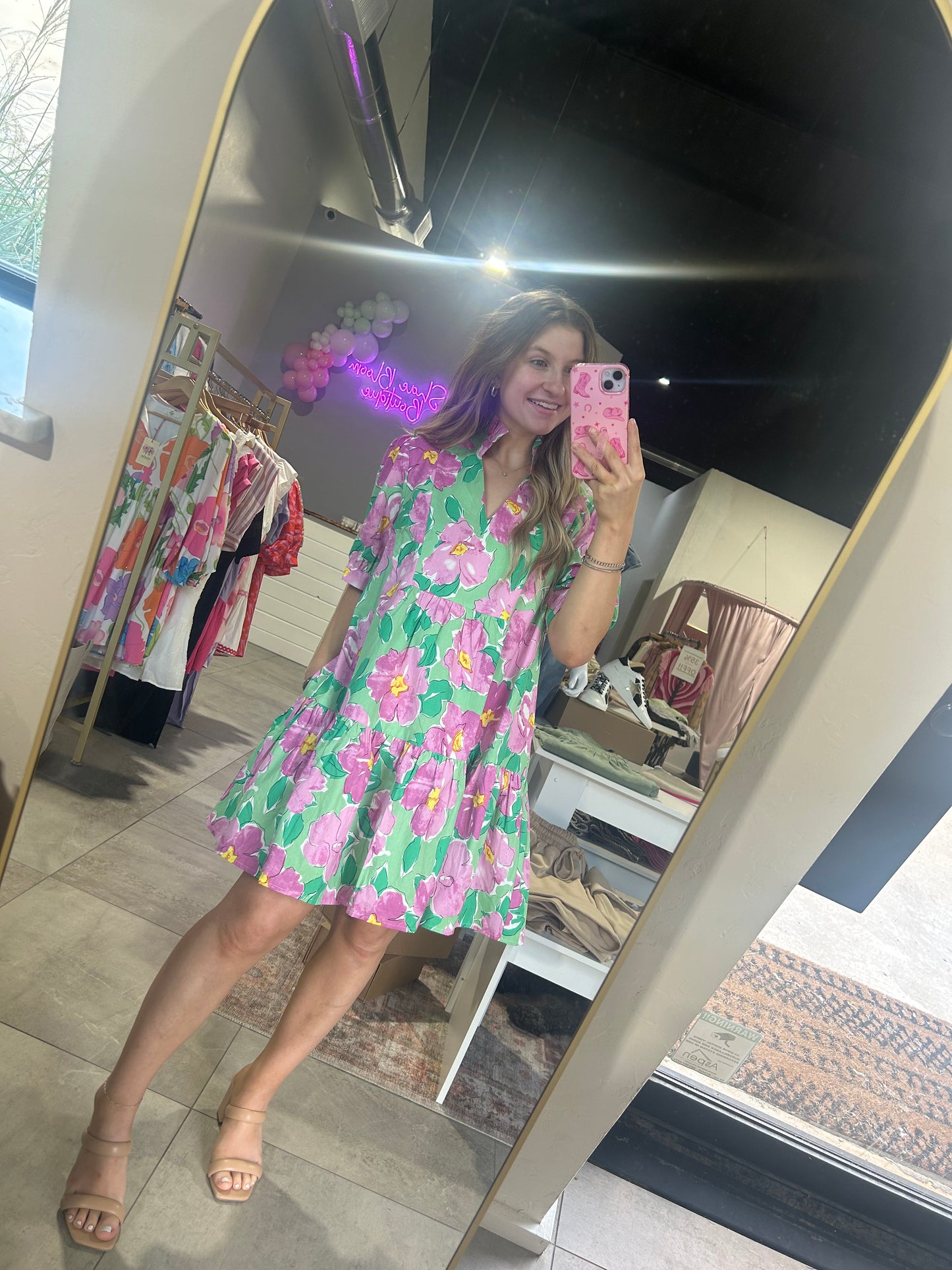 Green and Purple Floral Short Dress