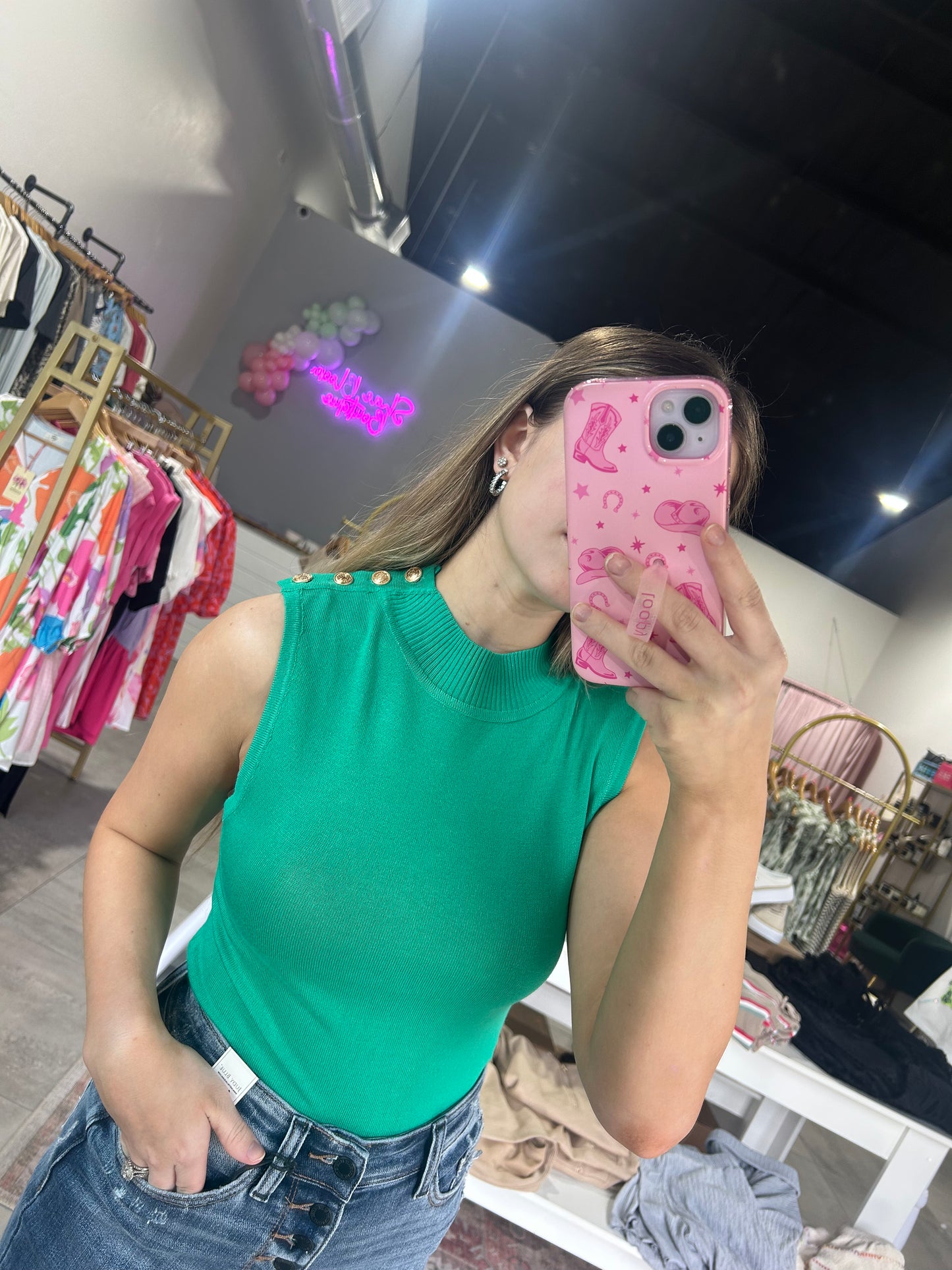 Green Tank With Button Shoulder Detail