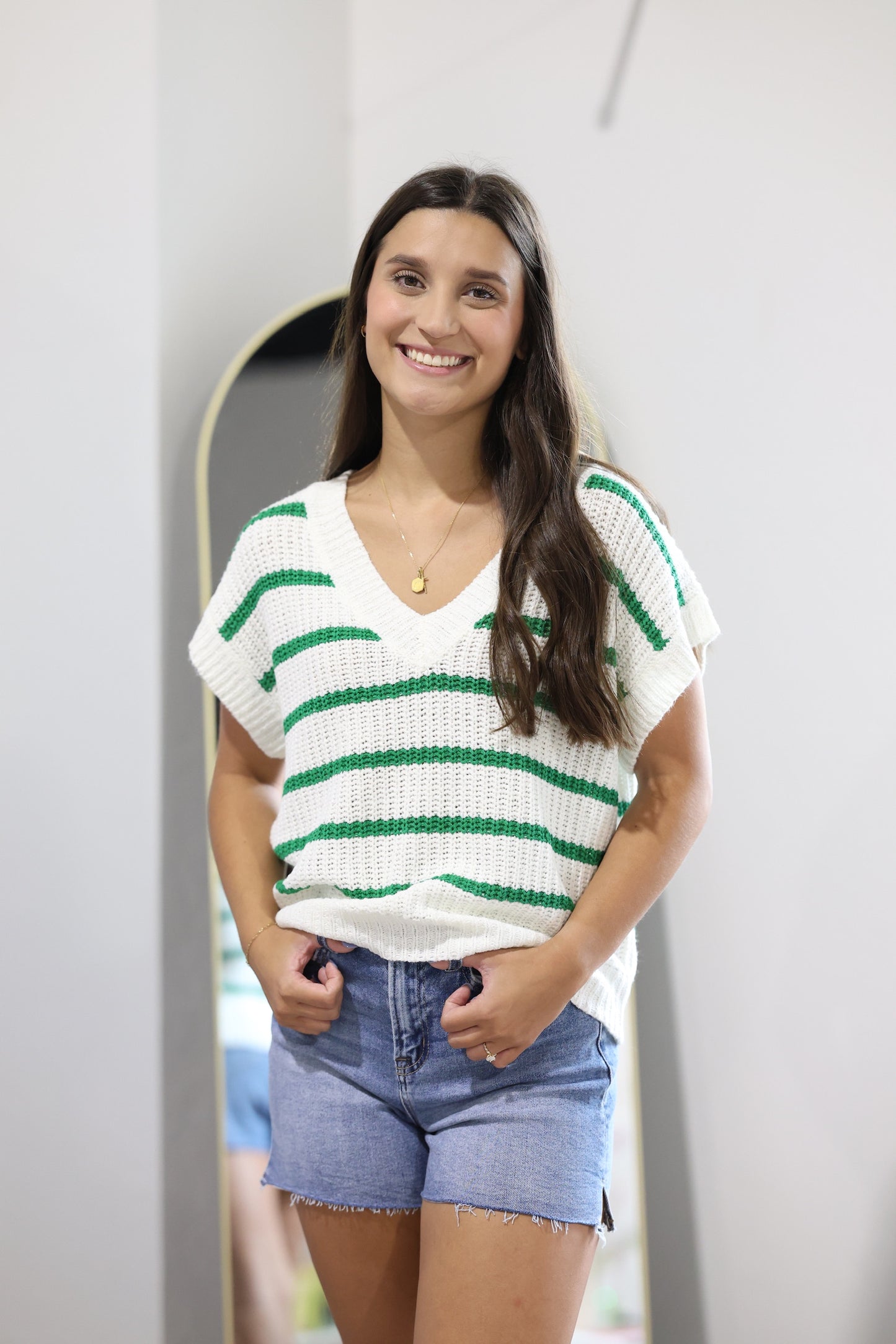 Green & White Striped Crochet Top