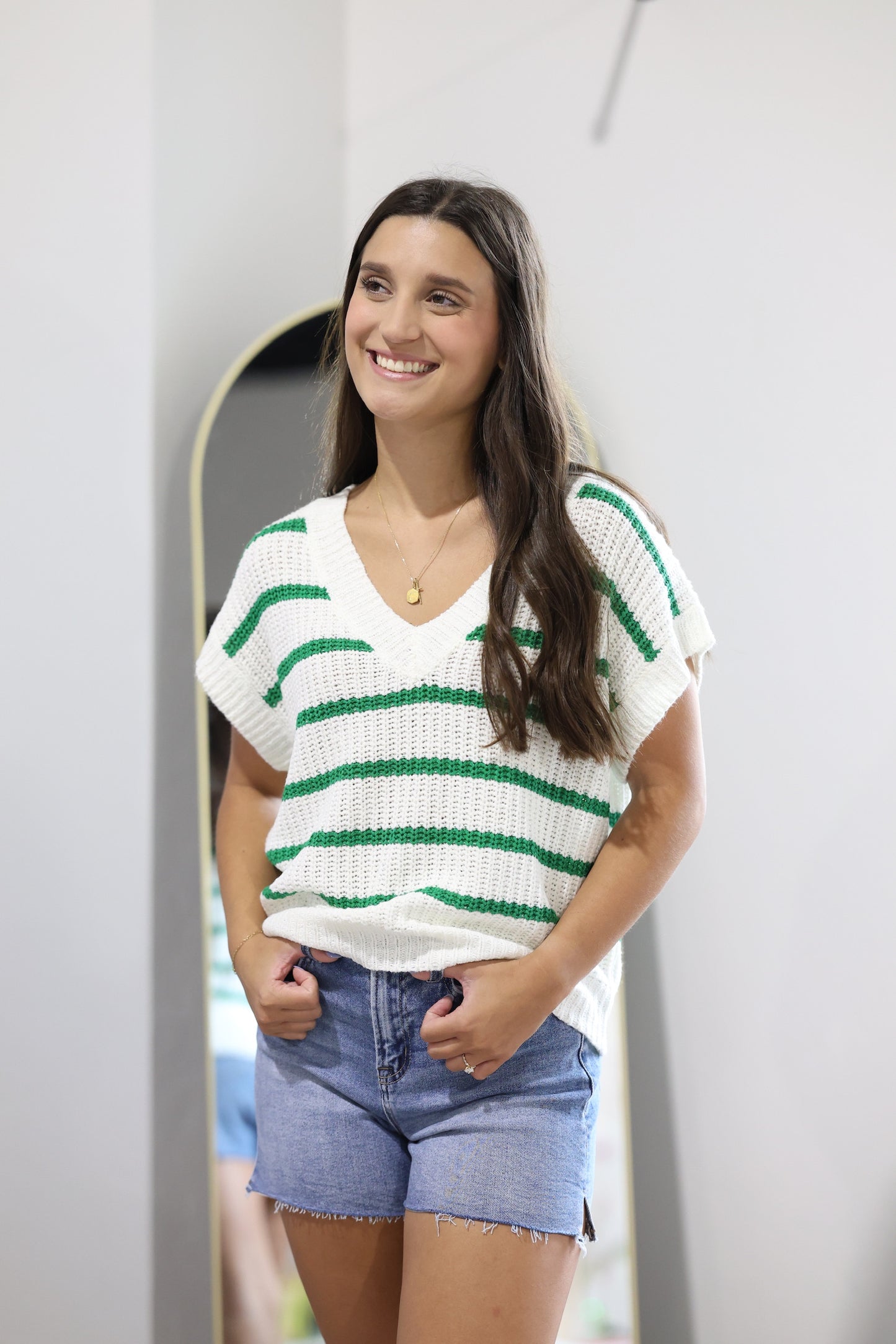 Green & White Striped Crochet Top