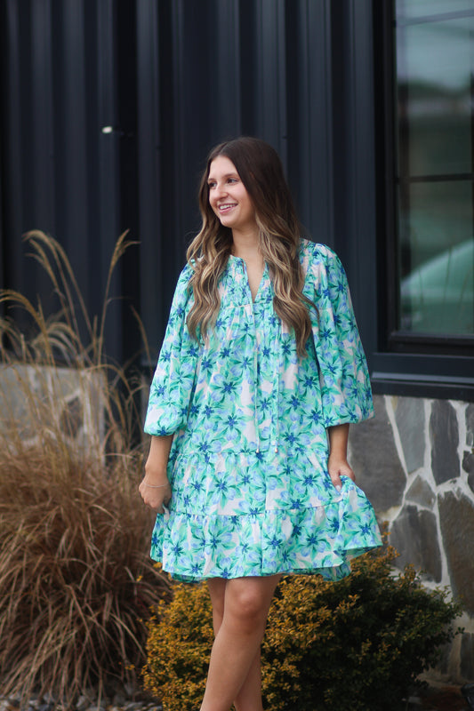 Blue/Green Floral Short Dress