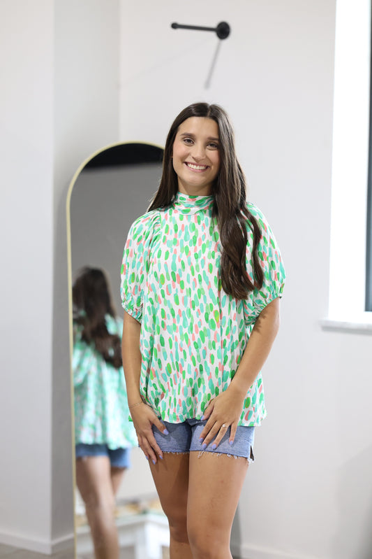 Green & Pink Print High Neck Blouse