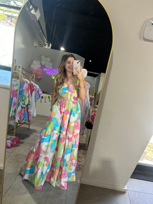 Pink Multi Maxi Dress With Green Shoulder Ties