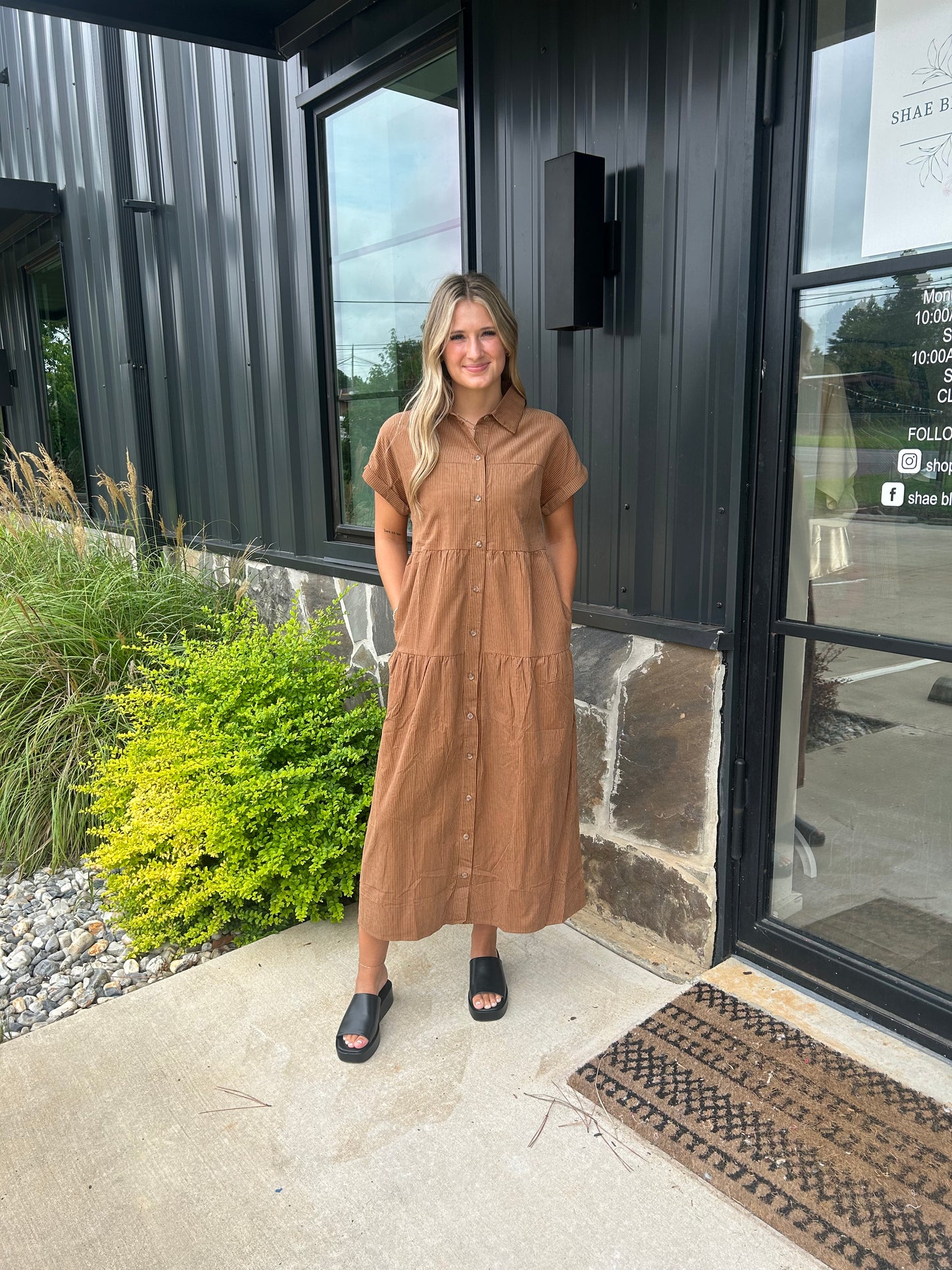 Brown Corduroy Button Up Midi Dress