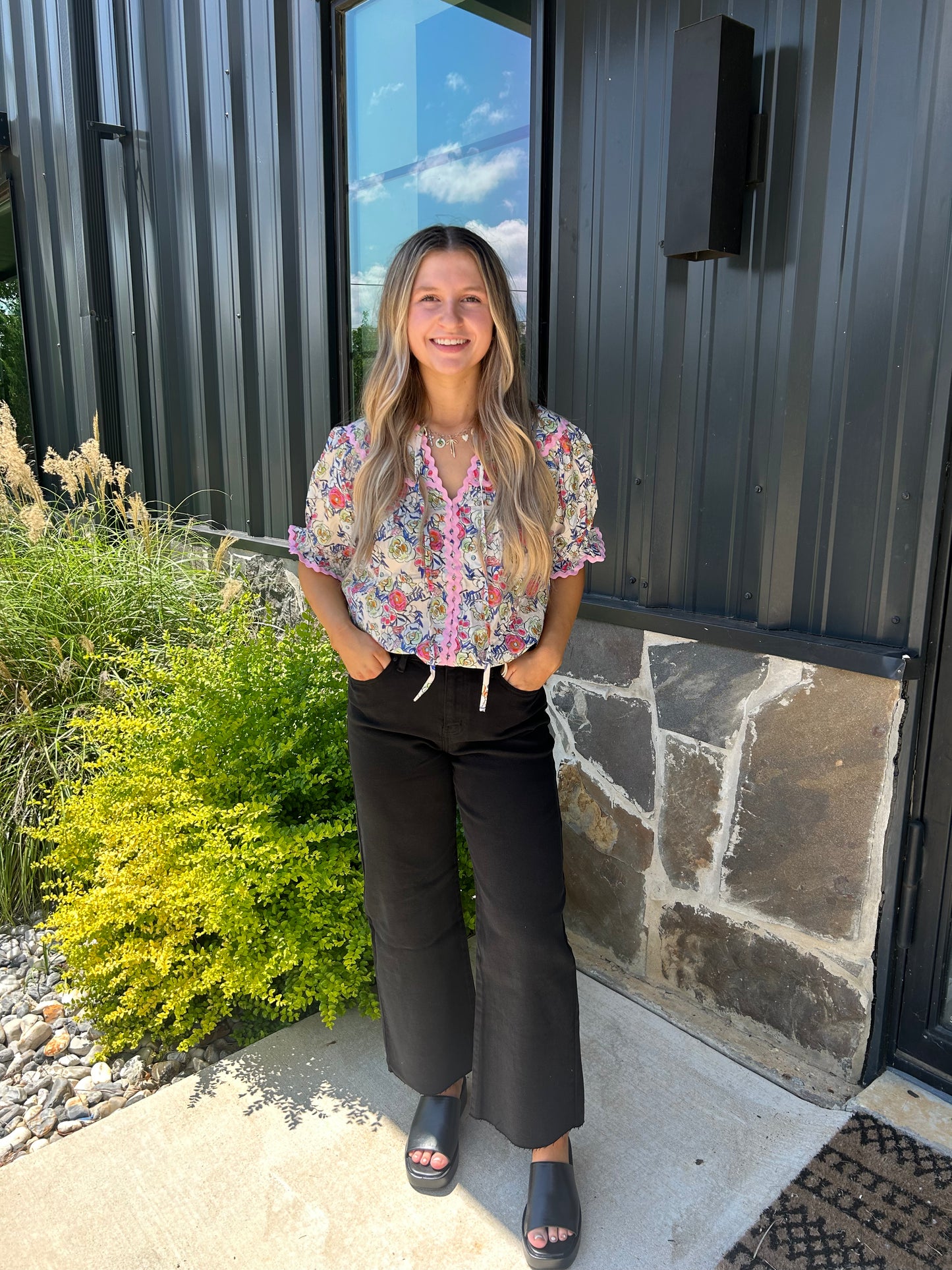 Colorful Floral Blouse With RicRac Trim