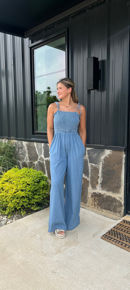 Lt Denim Wide Leg Jumpsuit