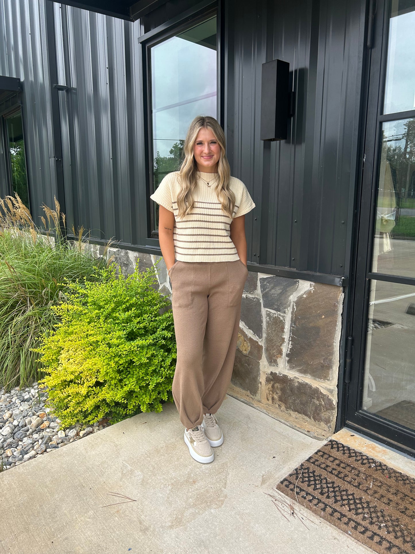 Mocha Pants With Mocha Striped Top Set