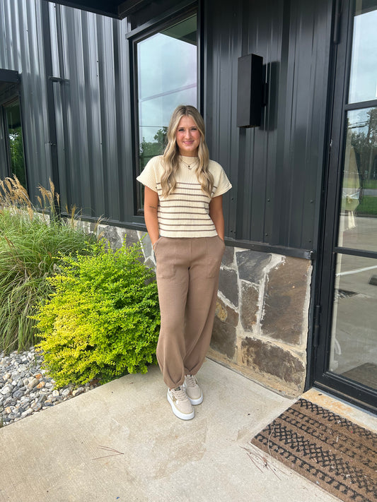 Mocha Pants With Mocha Striped Top Set