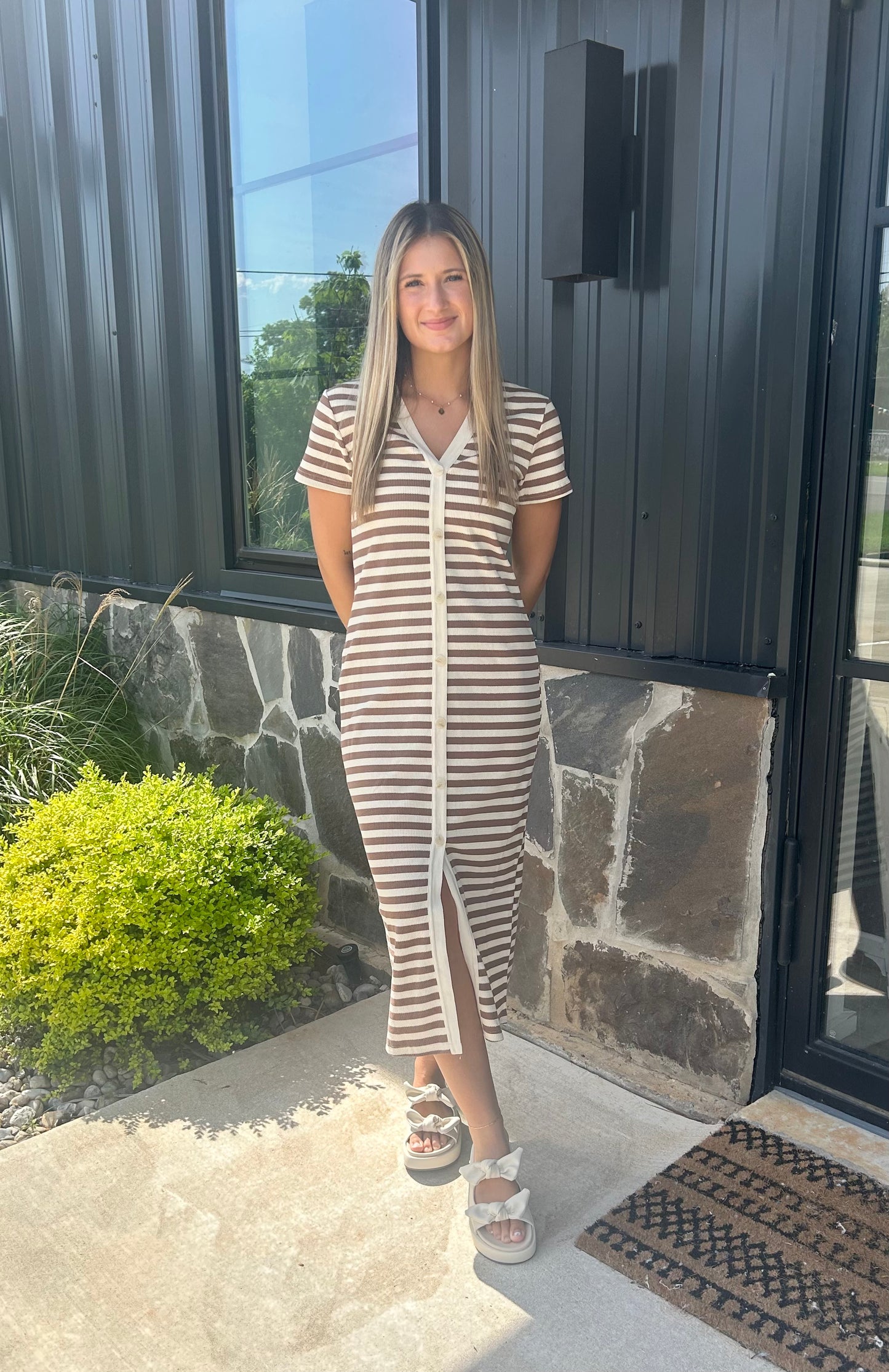 Mocha & Cream Striped Button Midi Dress