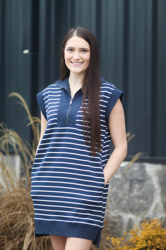 Navy Blue Striped Half Zip Short Dress