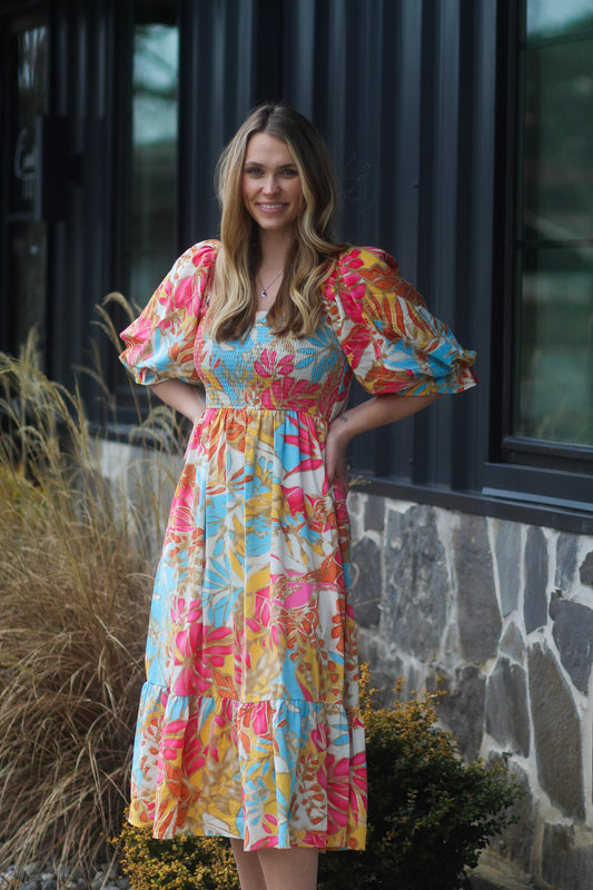 Blue/Pink/Yellow/Tan Floral Midi Dress