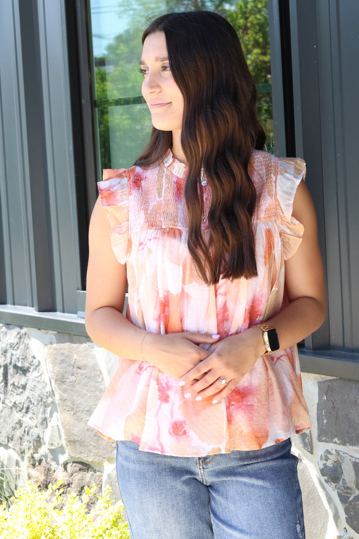 Peach & Pink Watercolor Print Blouse