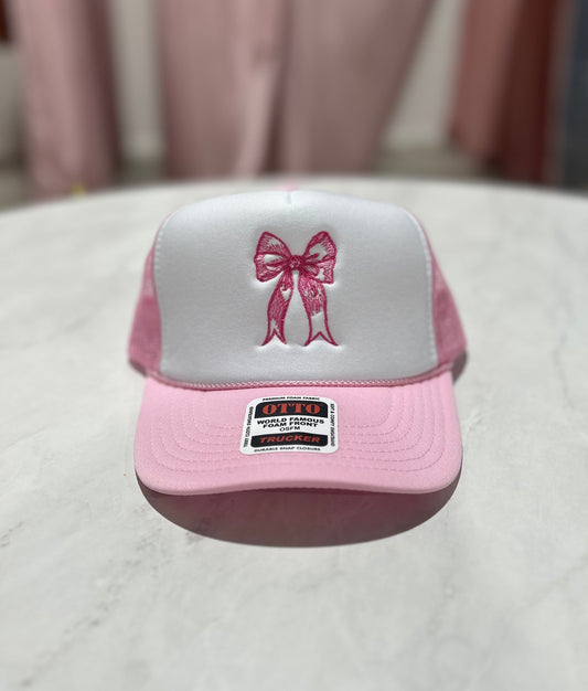 Pink/White Bow Embroidered Trucker Hat