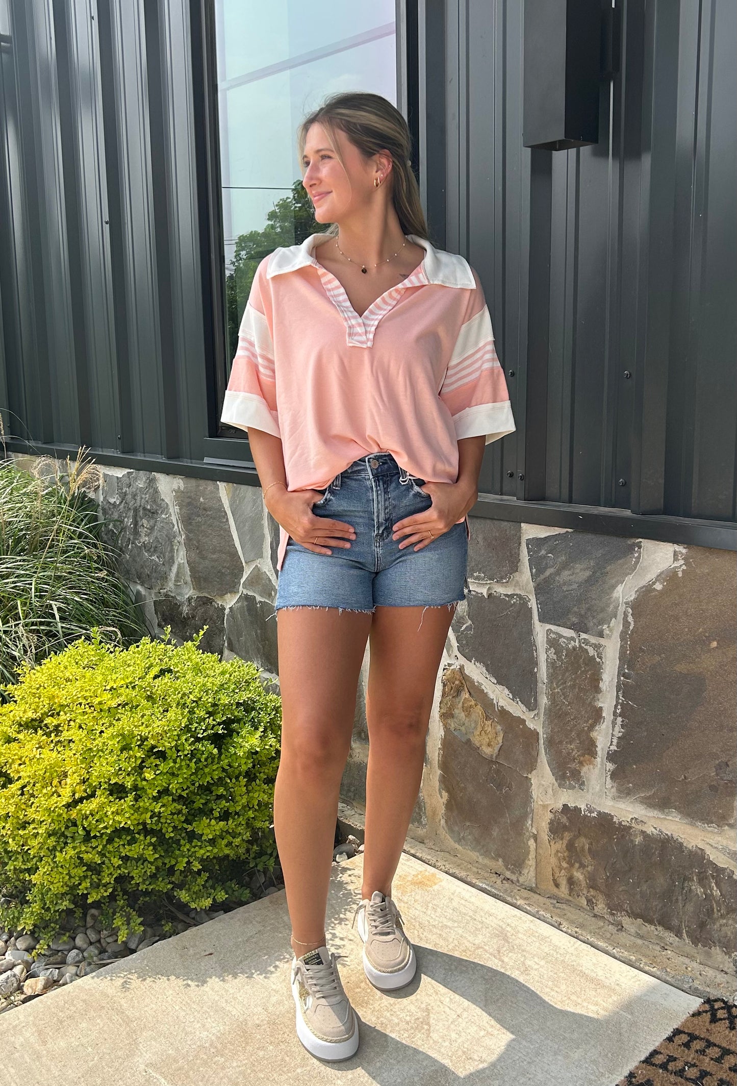 Light Pink Collared Striped Sleeve Top