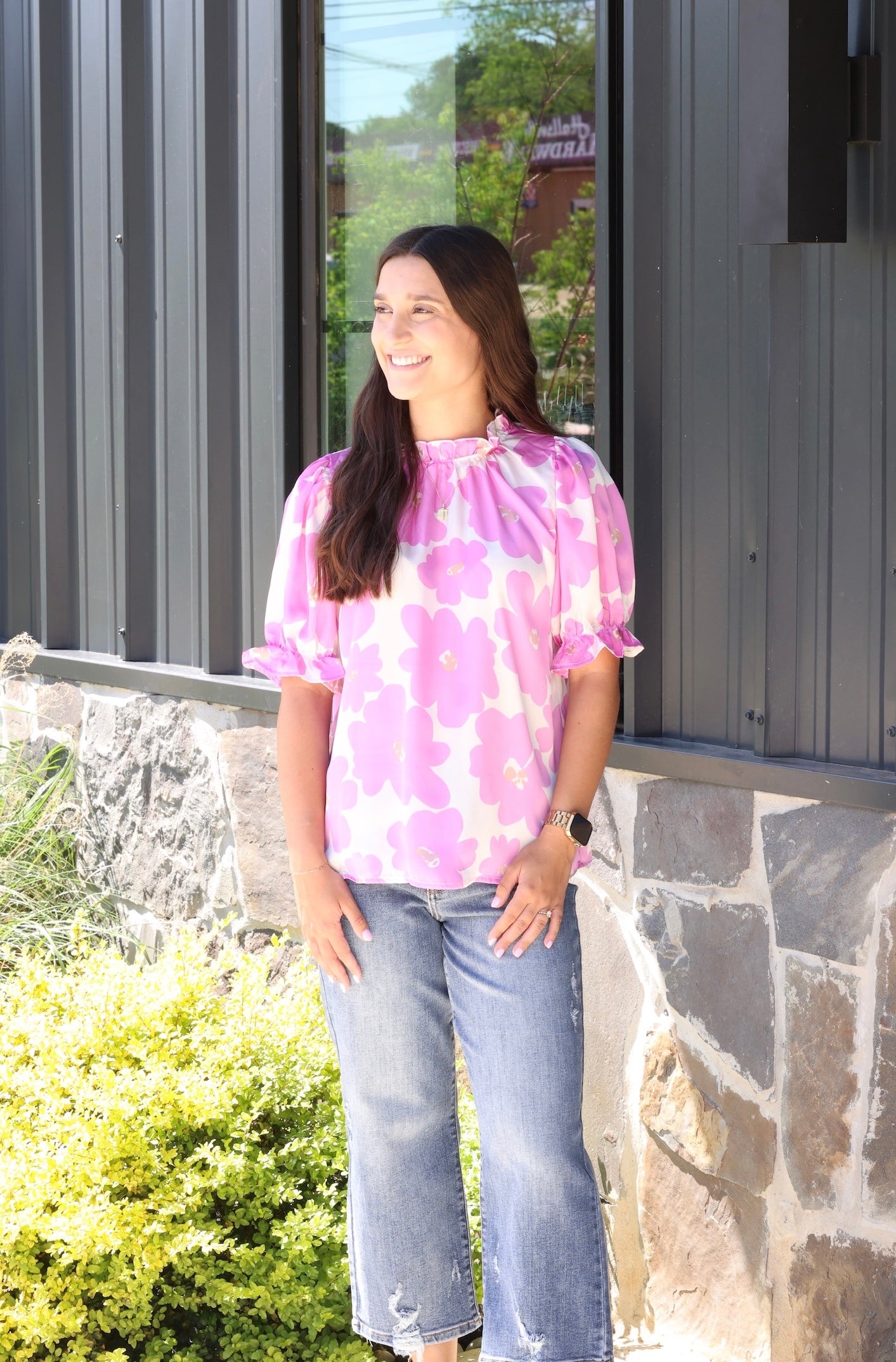 White blouse pink flowers