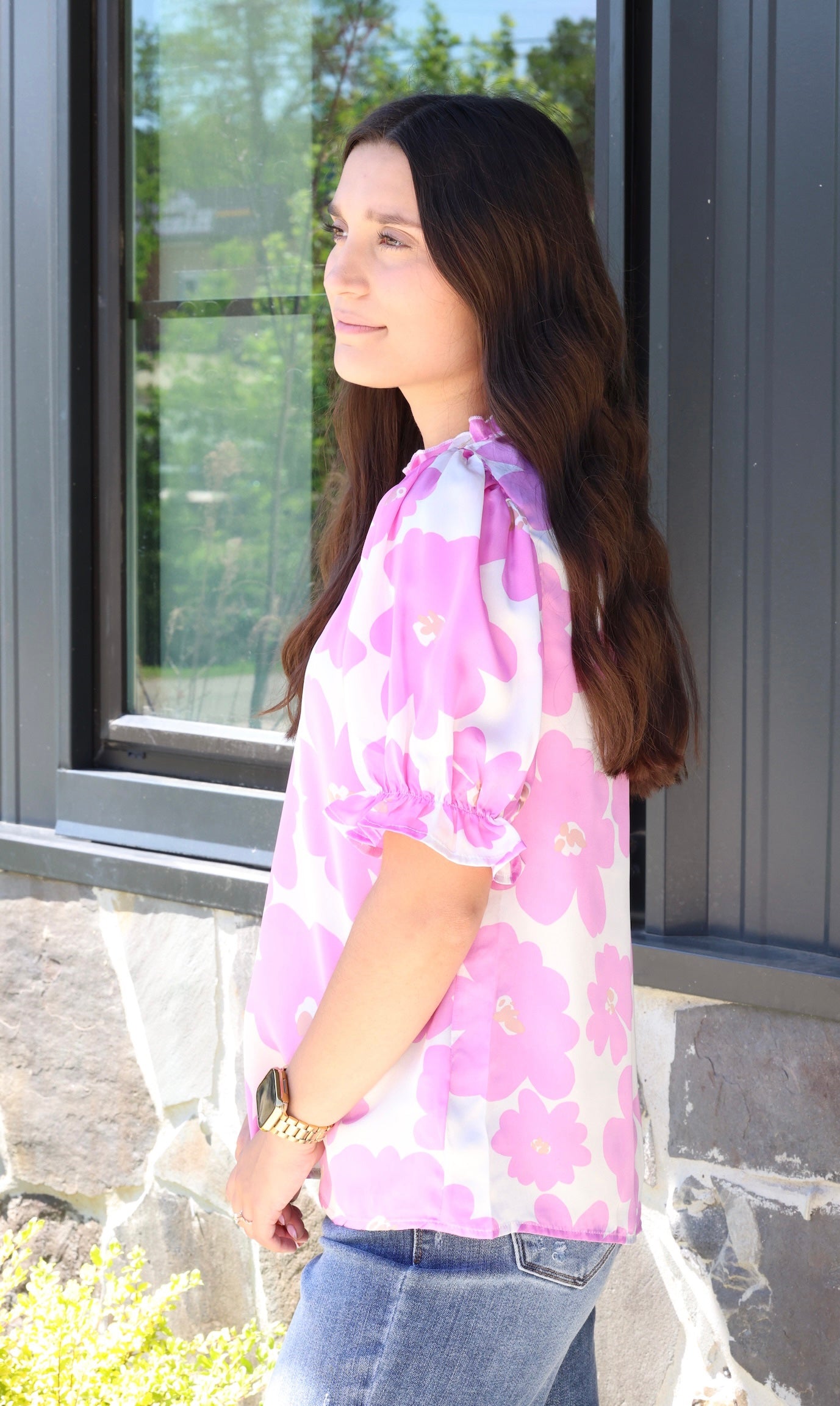 White blouse pink flowers